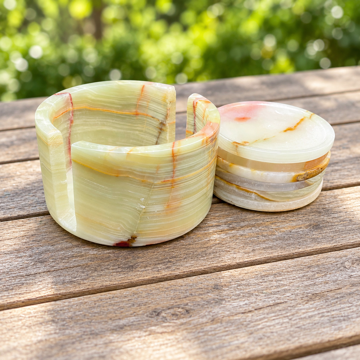 Green Onyx Stone Coaster Set of 6 with Holder