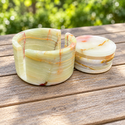 Green Onyx Stone Coaster Set of 6 with Holder