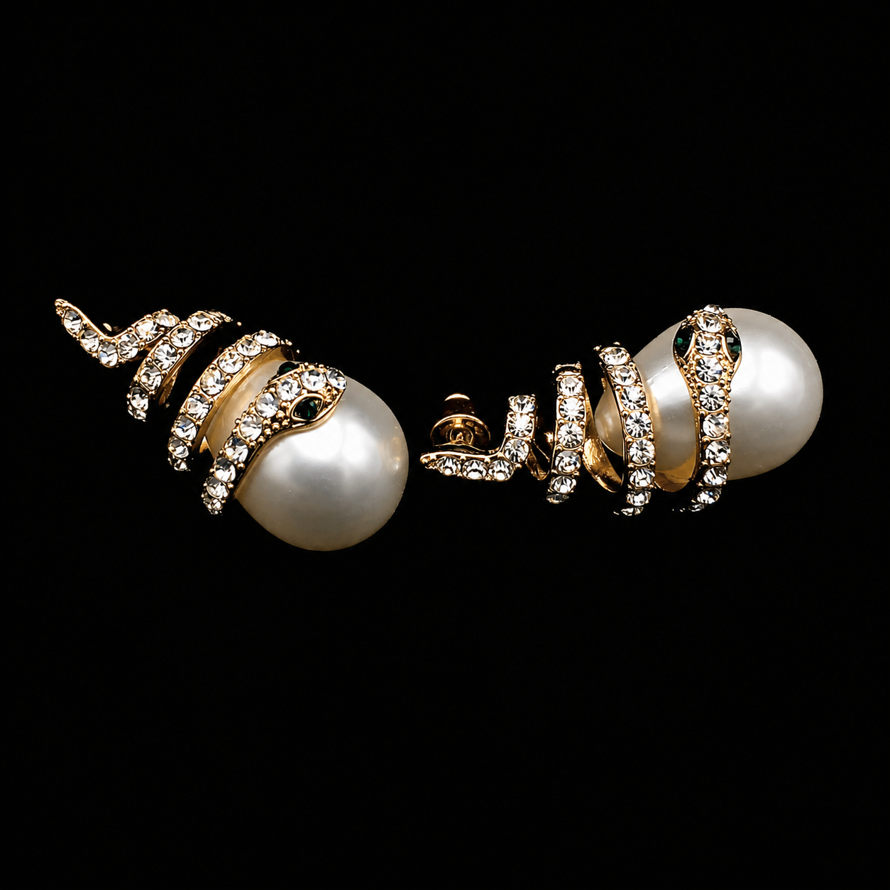 Gold Crystal Snake Pearl Drop Earrings - Victorian Gothic Serpent Earrings