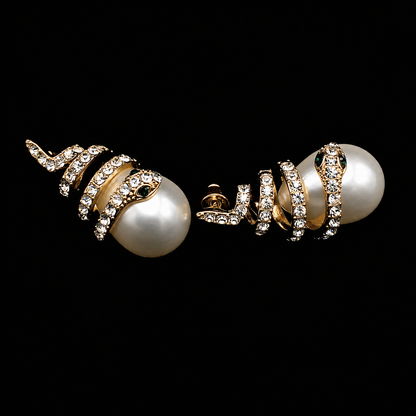 Gold Crystal Snake Pearl Drop Earrings - Victorian Gothic Serpent Earrings