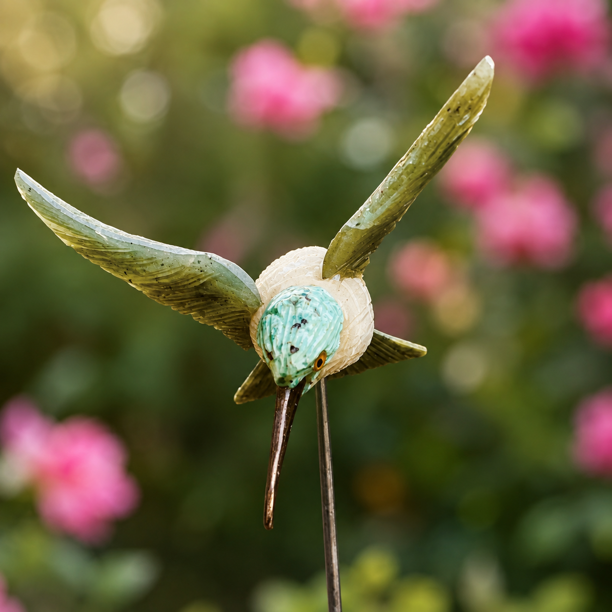 Hand-Carved Gemstone Hummingbird Garden Stake – Natural Stone Bird Garden Decor