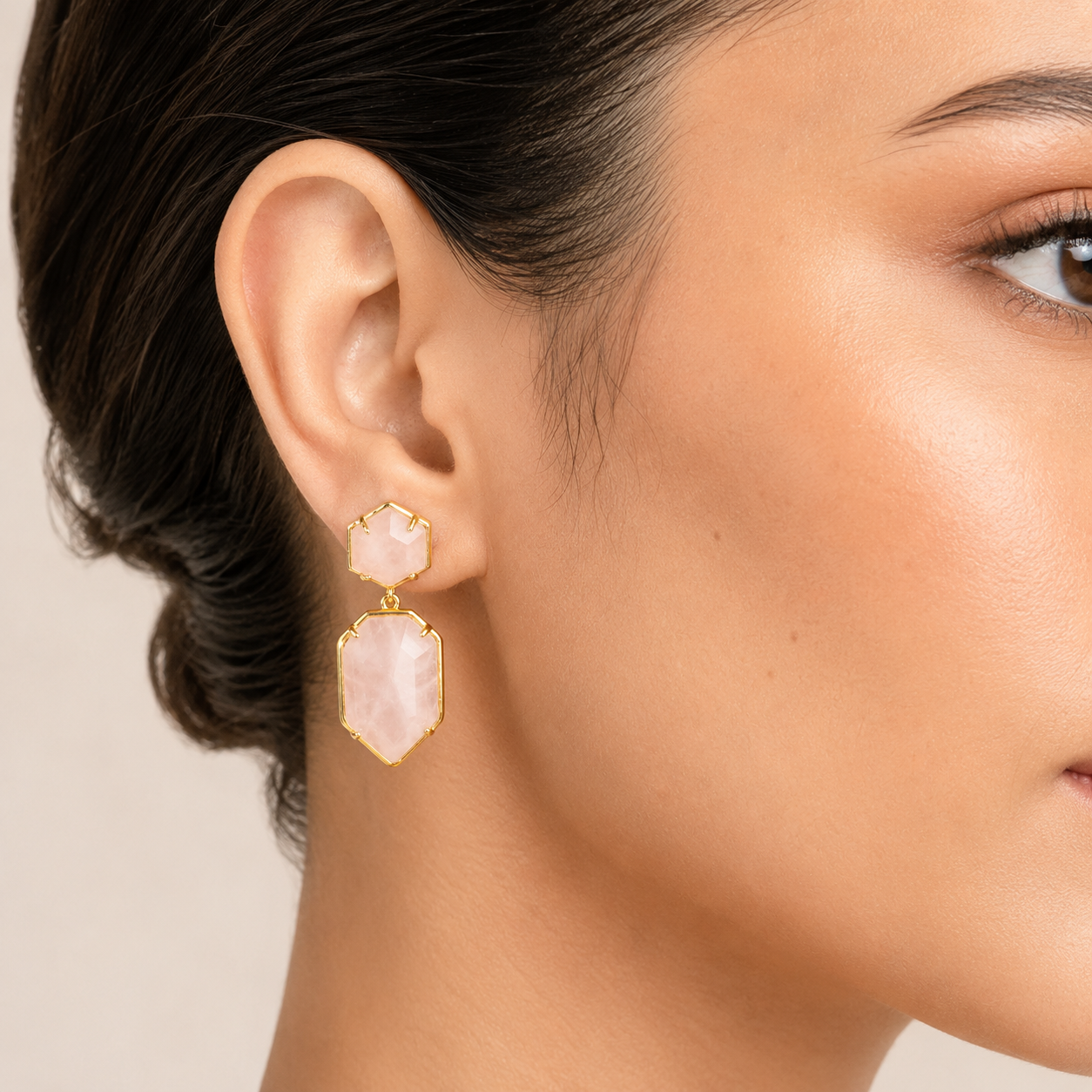 Rose Quartz Geometric Dangle Earrings – Gold-Tone Pink Gemstone Jewelry