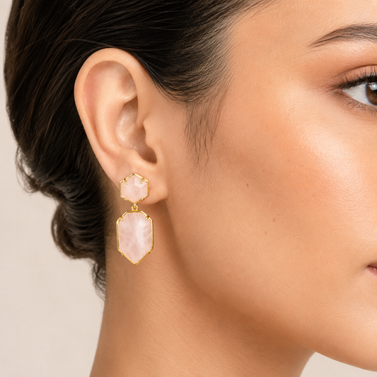 Rose Quartz Geometric Dangle Earrings – Gold-Tone Pink Gemstone Jewelry