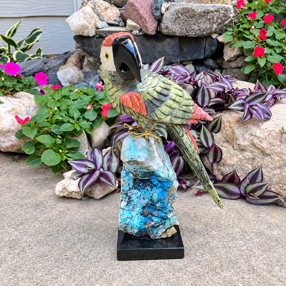 Colorful Gemstone Parrot Sculpture | Hand-Carved Natural Stone Bird on Chrysocolla Base | Tropical Home Decor