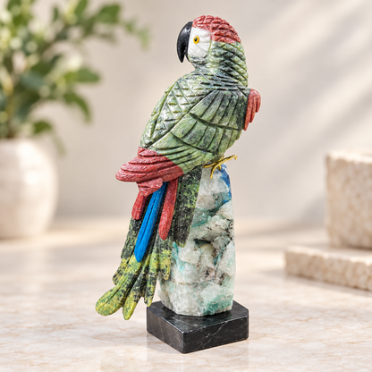Colorful Gemstone Parrot Sculpture | Hand-Carved Natural Stone Bird on Chrysocolla Base | Tropical Home Decor