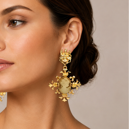 Victorian Baroque Cameo Dangle Earrings - Gold Portrait Jewelry