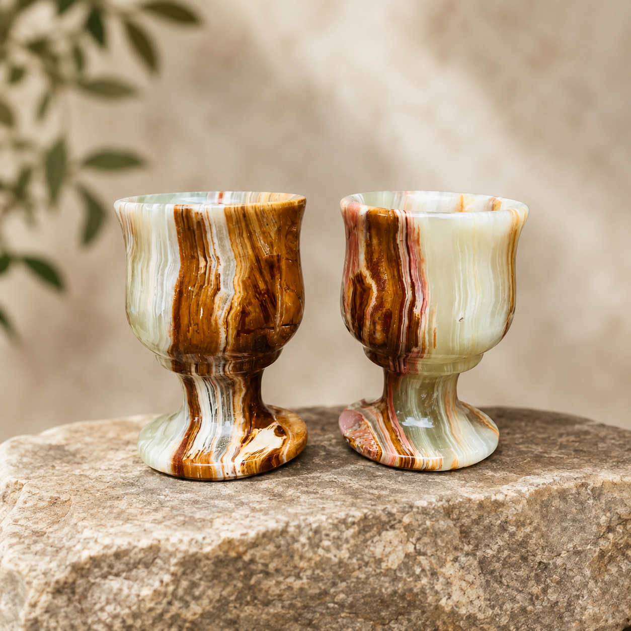 Hand-Carved Natural Onyx Shot Glasses – Set of 2 Green Stone Cordial Goblets
