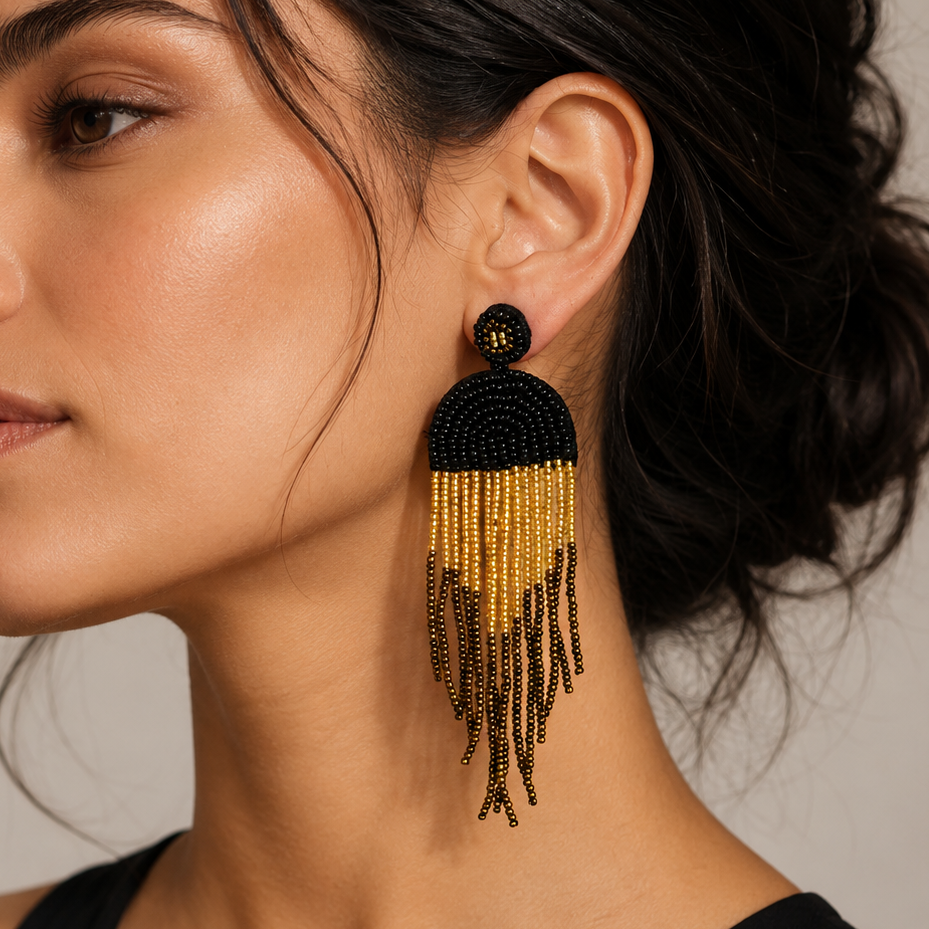 Gothic Black & Gold Beaded Fringe Earrings, Long Boho Seed Bead Statement Dangles