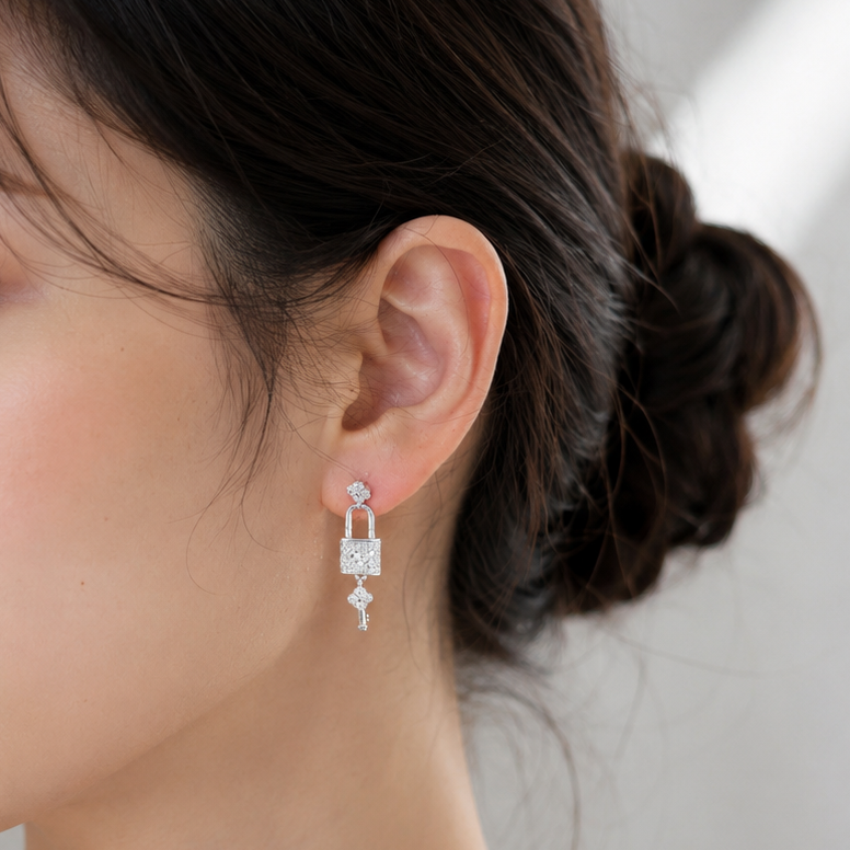 Silver Lock & Key Love Earrings with Cubic Zirconia