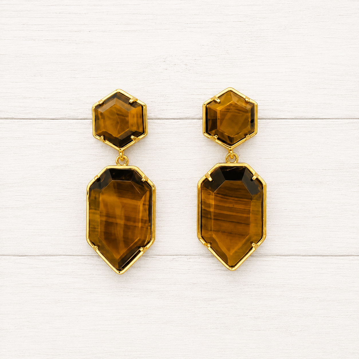 Natural Tiger’s Eye Geometric Dangle Earrings