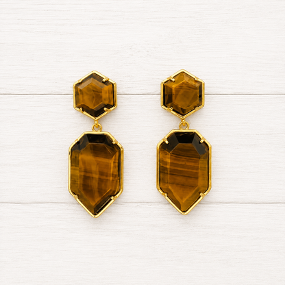 Natural Tiger’s Eye Geometric Dangle Earrings