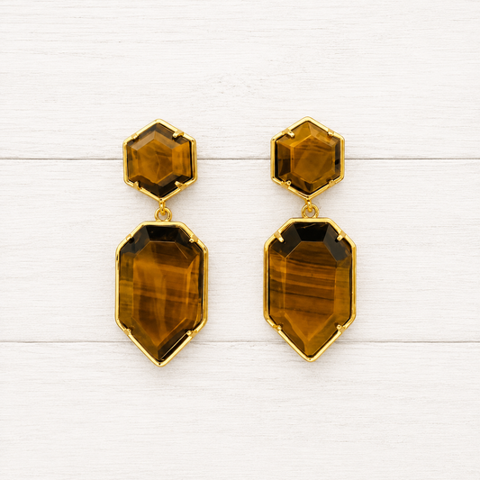 Natural Tiger’s Eye Geometric Dangle Earrings