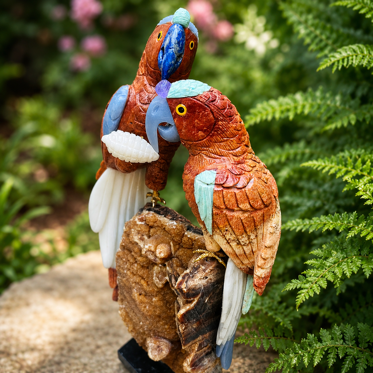 Handcrafted Gemstone Parrot Pair Sculpture – Natural Stone Tropical Bird Home Decor