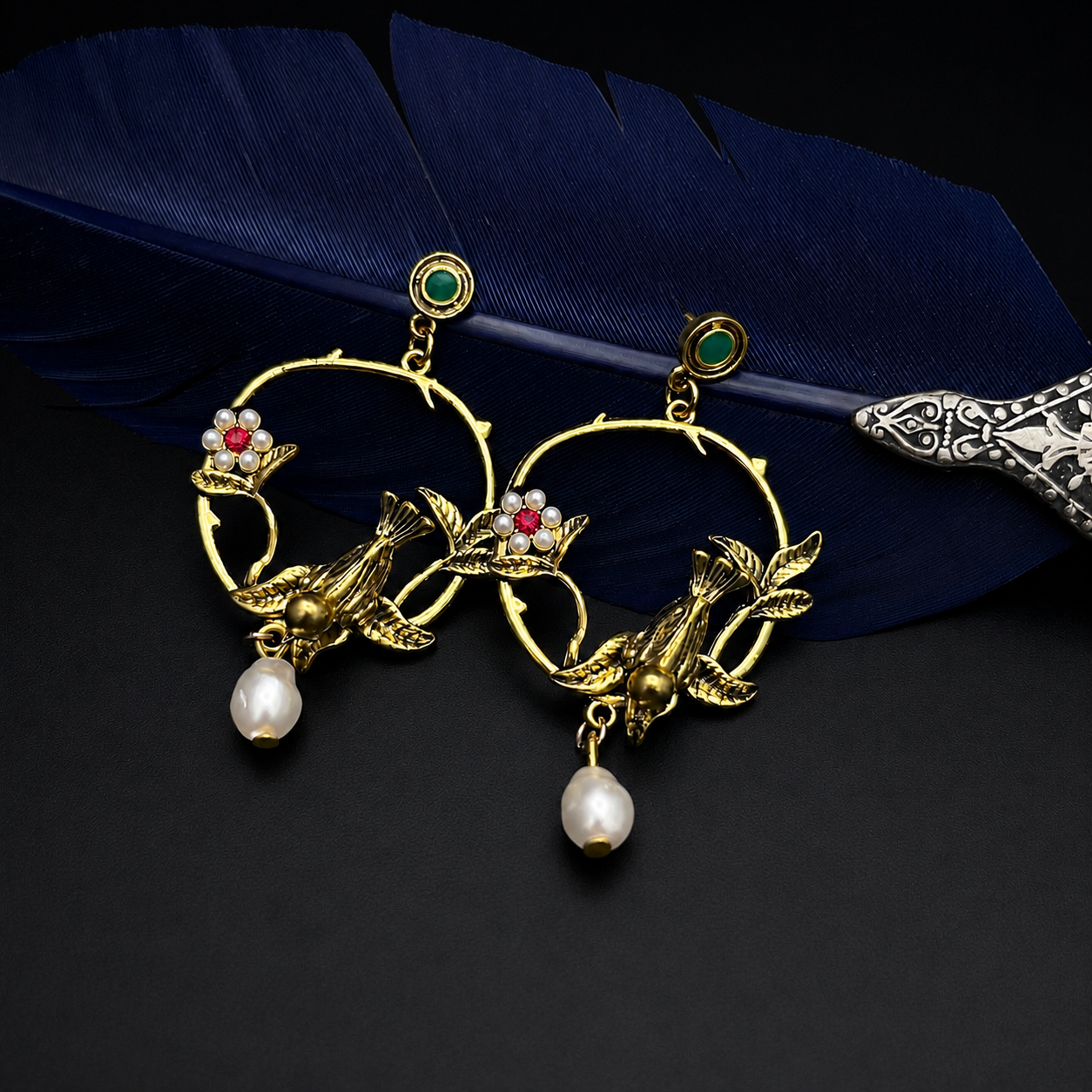 Victorian Gold-Tone Bird & Pearl Drop Earrings - Baroque Floral Statement Jewelry