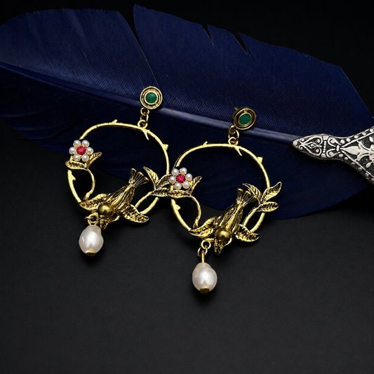 Victorian Gold-Tone Bird & Pearl Drop Earrings - Baroque Floral Statement Jewelry