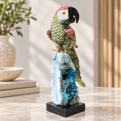 Colorful Gemstone Parrot Sculpture | Hand-Carved Natural Stone Bird on Chrysocolla Base | Tropical Home Decor