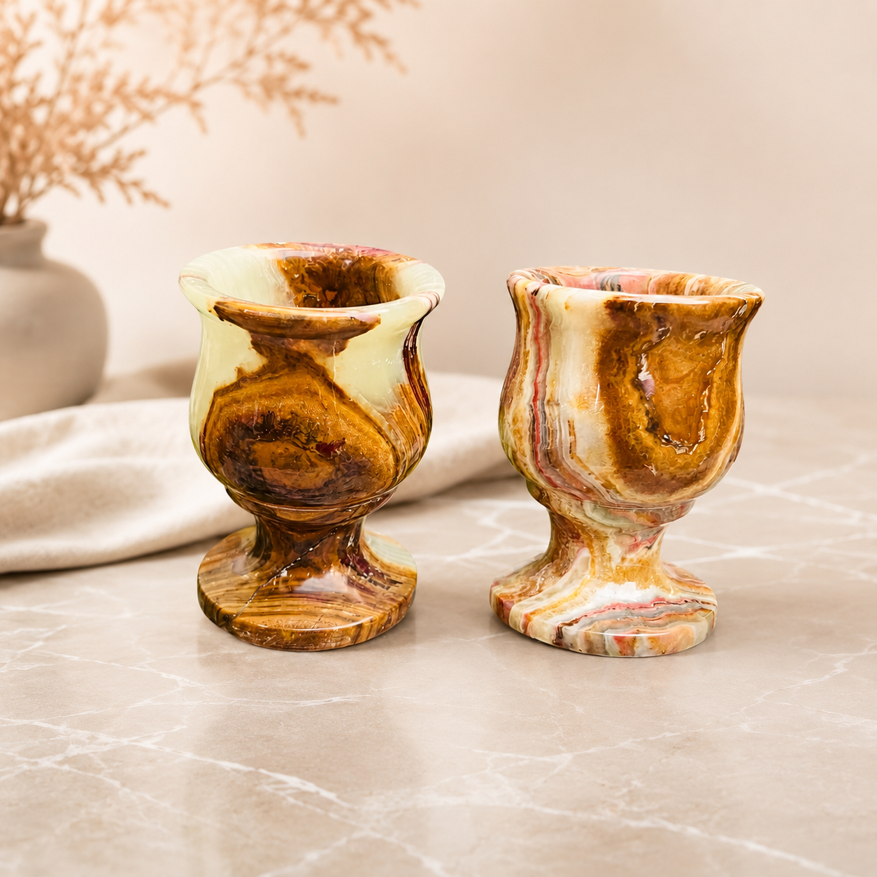 Hand-Carved Natural Onyx Shot Glasses – Set of 2 Green Stone Cordial Goblets