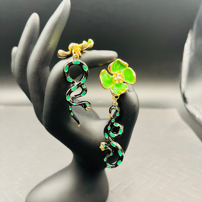 Victorian-Style Asymmetric Green Floral Snake Earrings | Gold-Toned Serpent Dangle with Emerald Accents