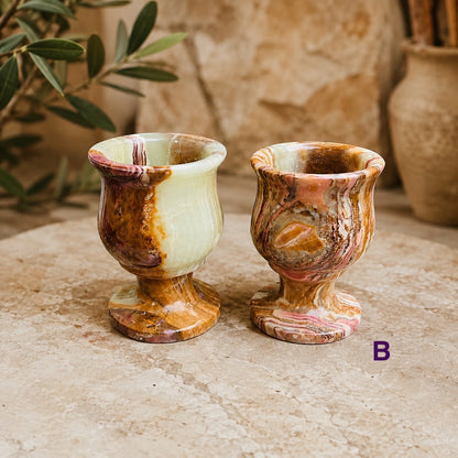 Hand-Carved Natural Onyx Shot Glasses – Set of 2 Green Stone Cordial Goblets