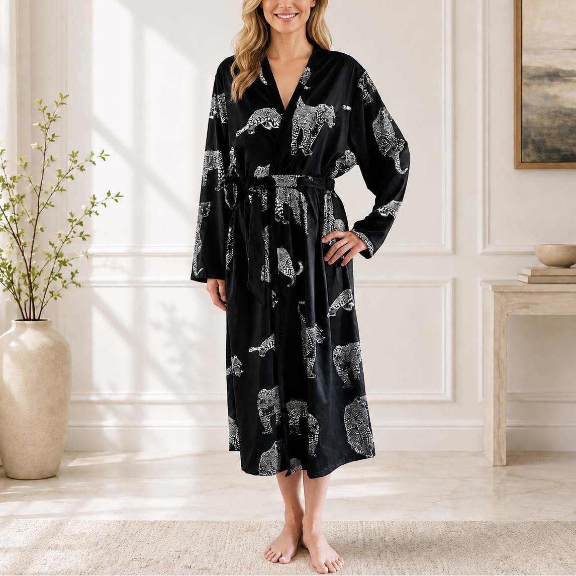 Black & White Leopard Print Kimono Robe, Women's Long Belted Dressing Gown, Boho Loungewear, Asian Inspired Sleepwear
