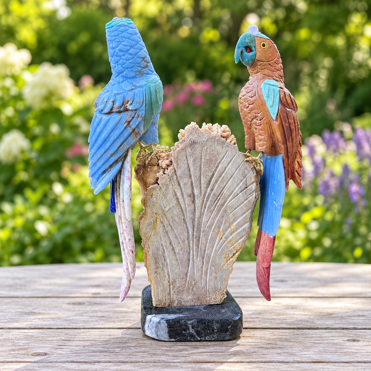 Hand-Carved Gemstone Parrot Pair Sculpture on Calcite Cluster – Tropical Bird Home Decor