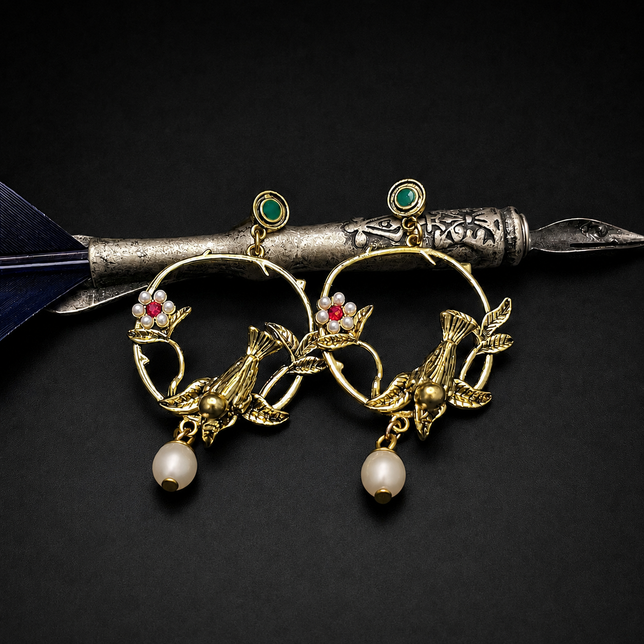 Victorian Gold-Tone Bird & Pearl Drop Earrings - Baroque Floral Statement Jewelry