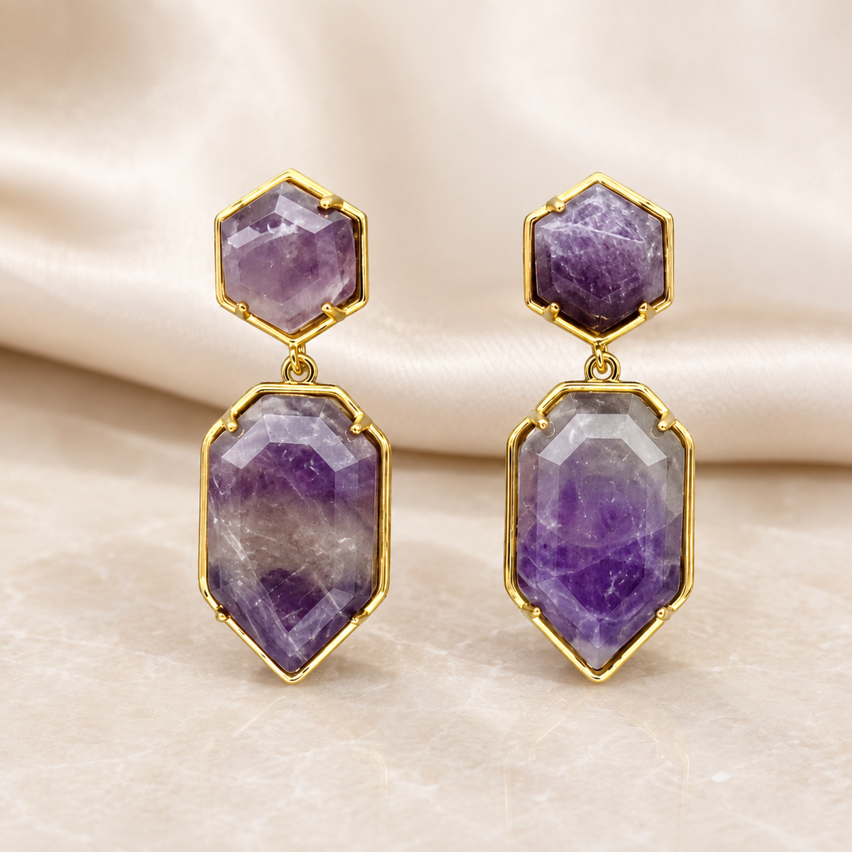 Natural Amethyst Gold-Tone Dangle Earrings – Faceted February Birthstone Jewelry