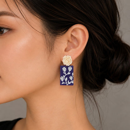 Hand-Painted 3D Rose Acrylic Drop Earrings | Cream Rose & Blue Floral Statement Jewelry