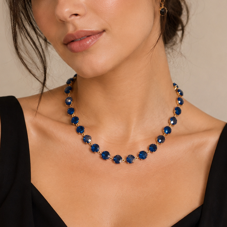 Sapphire Blue Crystal Tennis Necklace - Gold-Tone Statement Choker