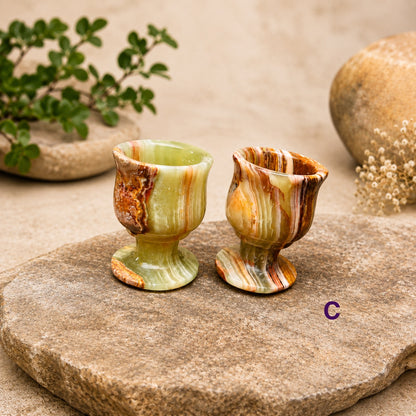 Hand-Carved Natural Onyx Shot Glasses – Set of 2 Green Stone Cordial Goblets