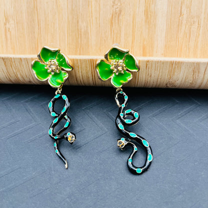Victorian-Style Asymmetric Green Floral Snake Earrings | Gold-Toned Serpent Dangle with Emerald Accents