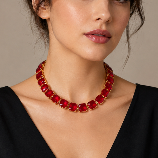 A close-up portrait of a woman wearing a chunky red gemstone necklace with gold-toned settings and a black V-neck top, against a neutral beige background.