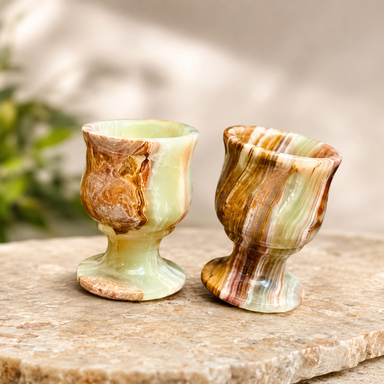 Hand-Carved Natural Onyx Shot Glasses – Set of 2 Green Stone Cordial Goblets