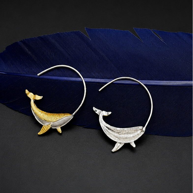 Whale Hoop Earrings – Gold-Tone & Silver-Tone Ocean Animal Earrings, Whimsical Nautical Jewelry, Sea Life Lover Gift