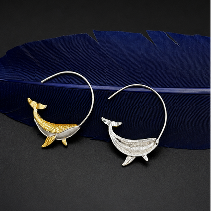 Whale Hoop Earrings – Gold-Tone & Silver-Tone Ocean Animal Earrings, Whimsical Nautical Jewelry, Sea Life Lover Gift