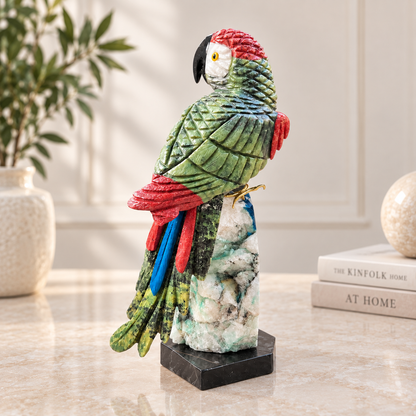 Colorful Gemstone Parrot Sculpture | Hand-Carved Natural Stone Bird on Chrysocolla Base | Tropical Home Decor