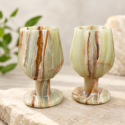 Natural Onyx Stone Wine Goblets – Set of 2 Hand-Carved Banded Stone Cups