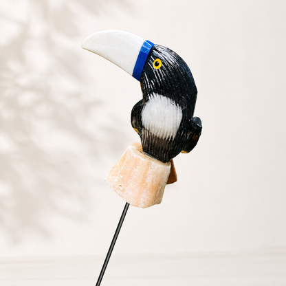 Hand-Carved Gemstone Toucan Garden Stake – Natural Stone Tropical Bird Garden Decor