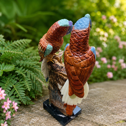 Handcrafted Gemstone Parrot Pair Sculpture – Natural Stone Tropical Bird Home Decor