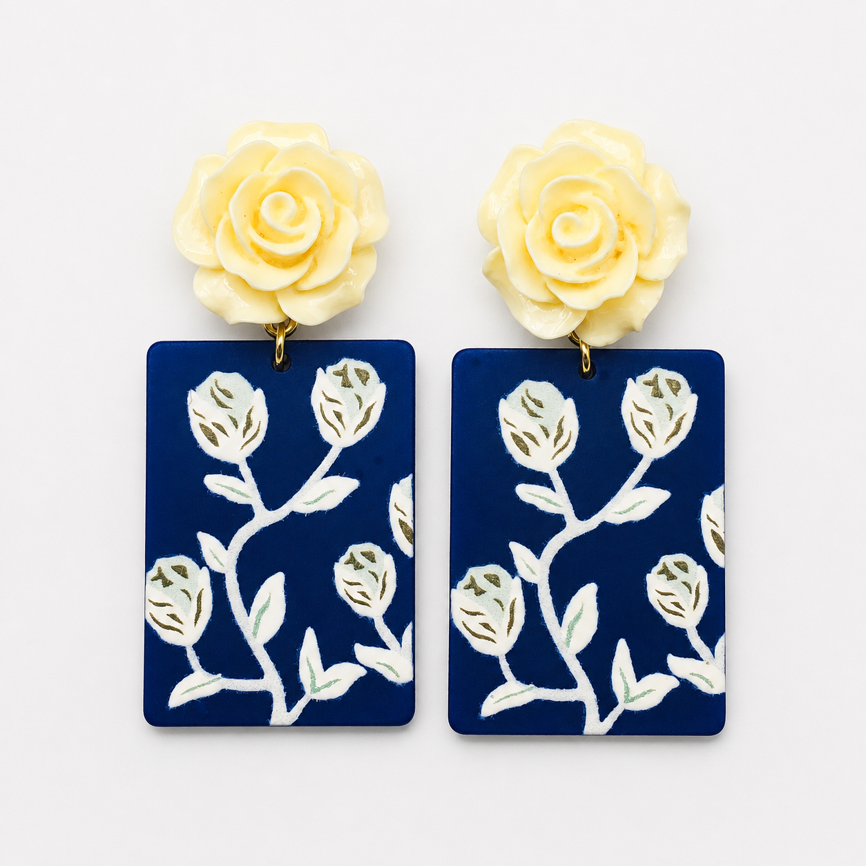 Hand-Painted 3D Rose Acrylic Drop Earrings | Cream Rose & Blue Floral Statement Jewelry