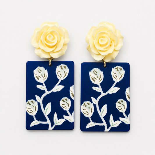 Hand-Painted 3D Rose Acrylic Drop Earrings | Cream Rose & Blue Floral Statement Jewelry
