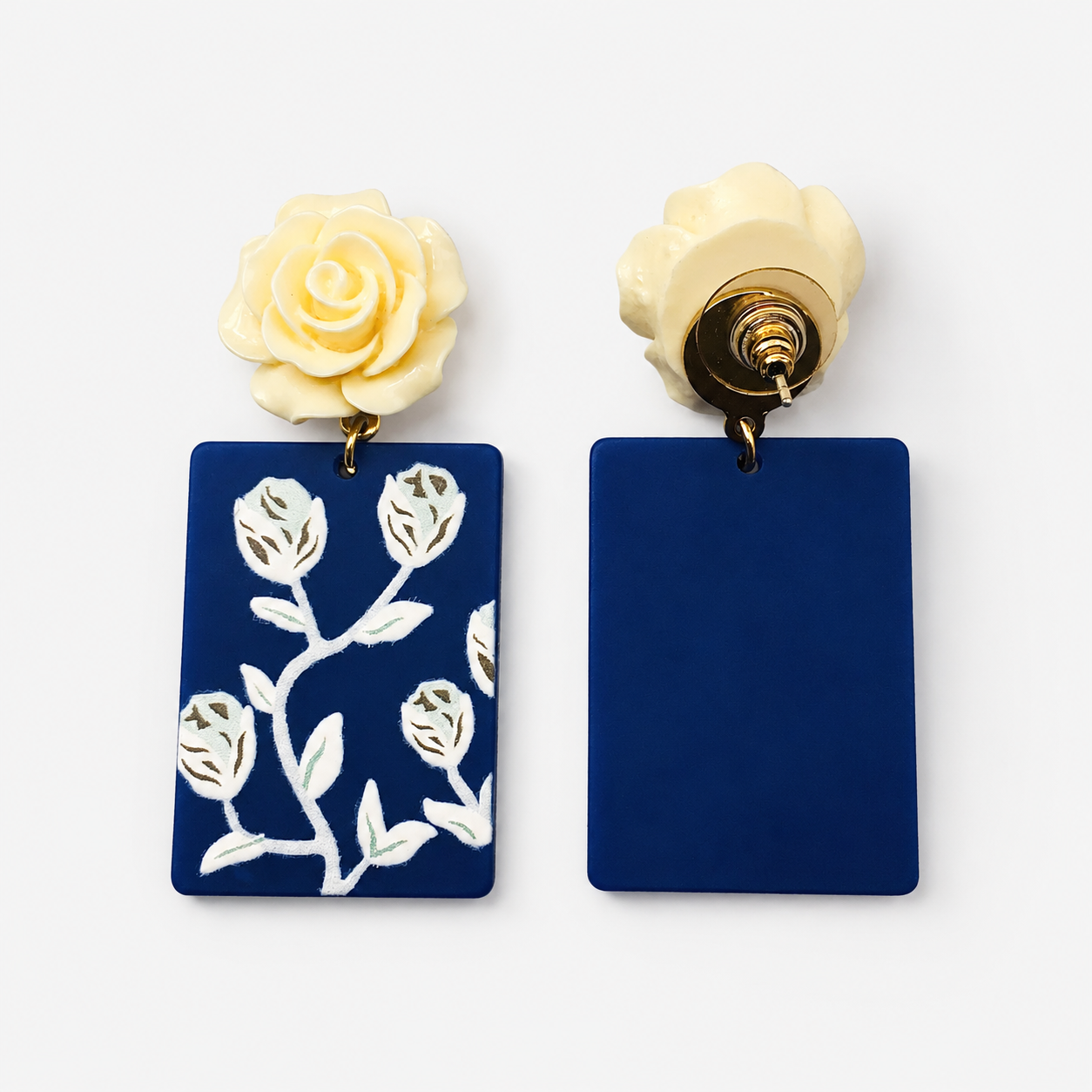 Hand-Painted 3D Rose Acrylic Drop Earrings | Cream Rose & Blue Floral Statement Jewelry