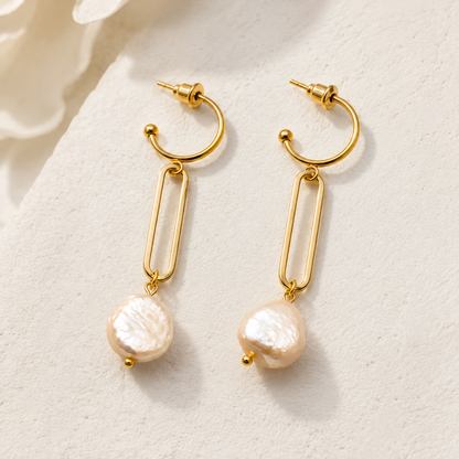 Gold Link Baroque Freshwater Pearl Drop Earrings | Minimalist Bridal Jewelry
