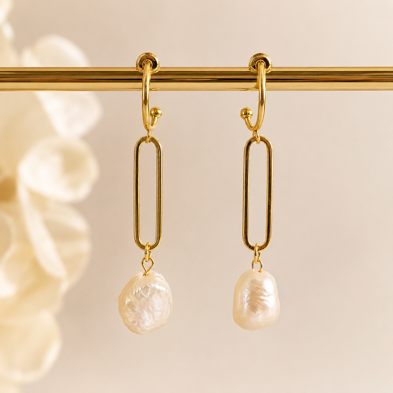 Gold Link Baroque Freshwater Pearl Drop Earrings | Minimalist Bridal Jewelry