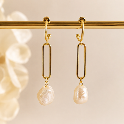 Gold Link Baroque Freshwater Pearl Drop Earrings | Minimalist Bridal Jewelry
