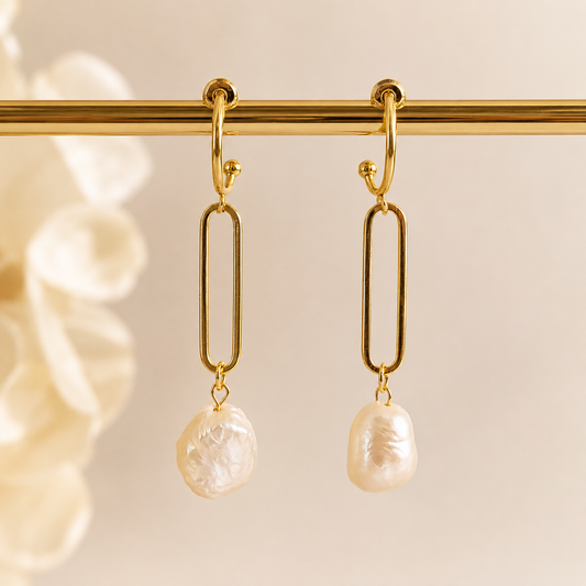 Gold Link Baroque Freshwater Pearl Drop Earrings | Minimalist Bridal Jewelry