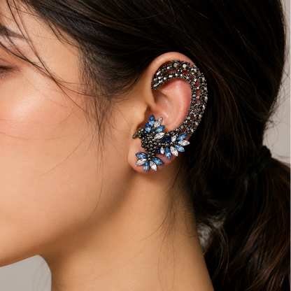 Blue Crystal Peacock Ear Cuff for Left Ear - Statement Feather Ear Wrap