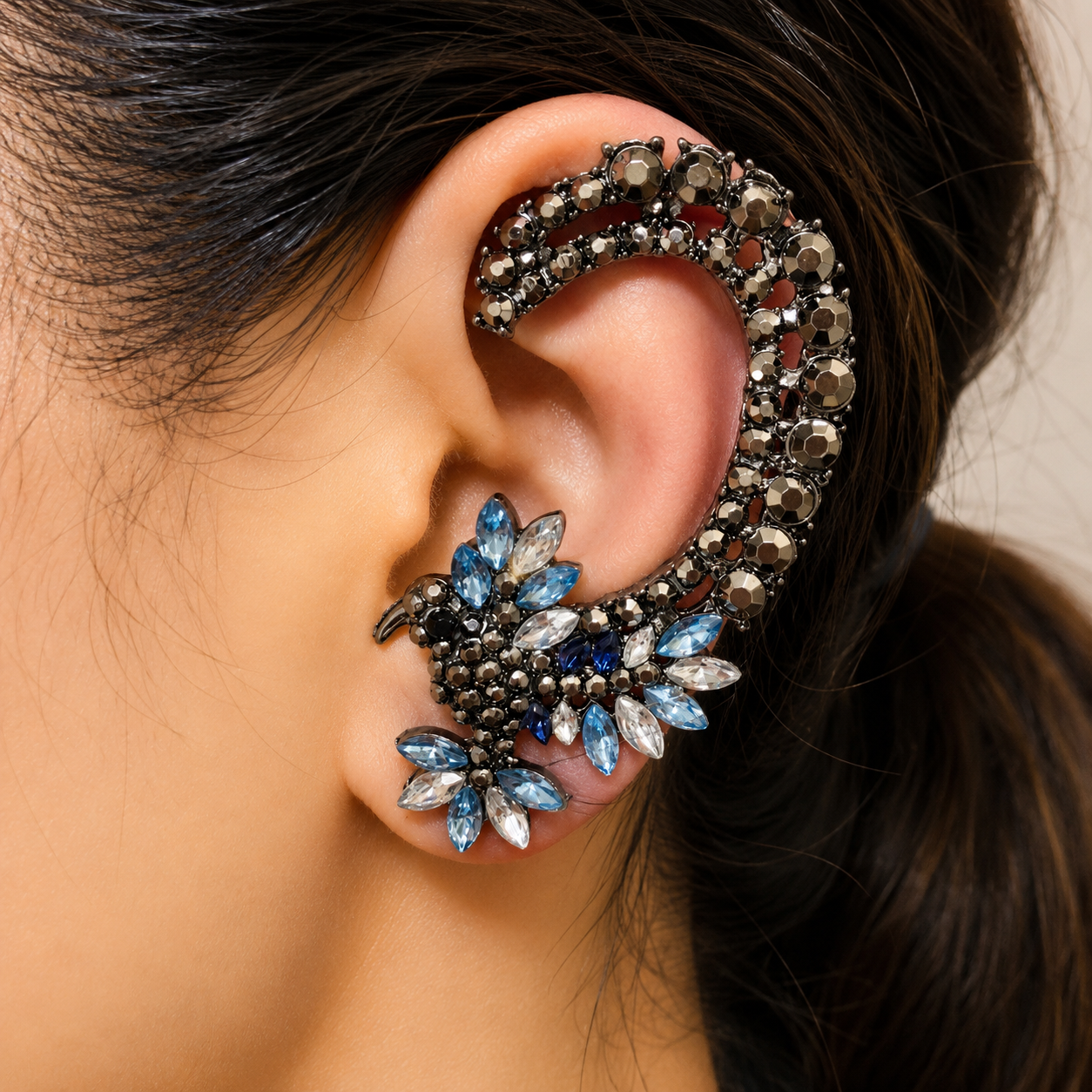 Blue Crystal Peacock Ear Cuff for Left Ear - Statement Feather Ear Wrap