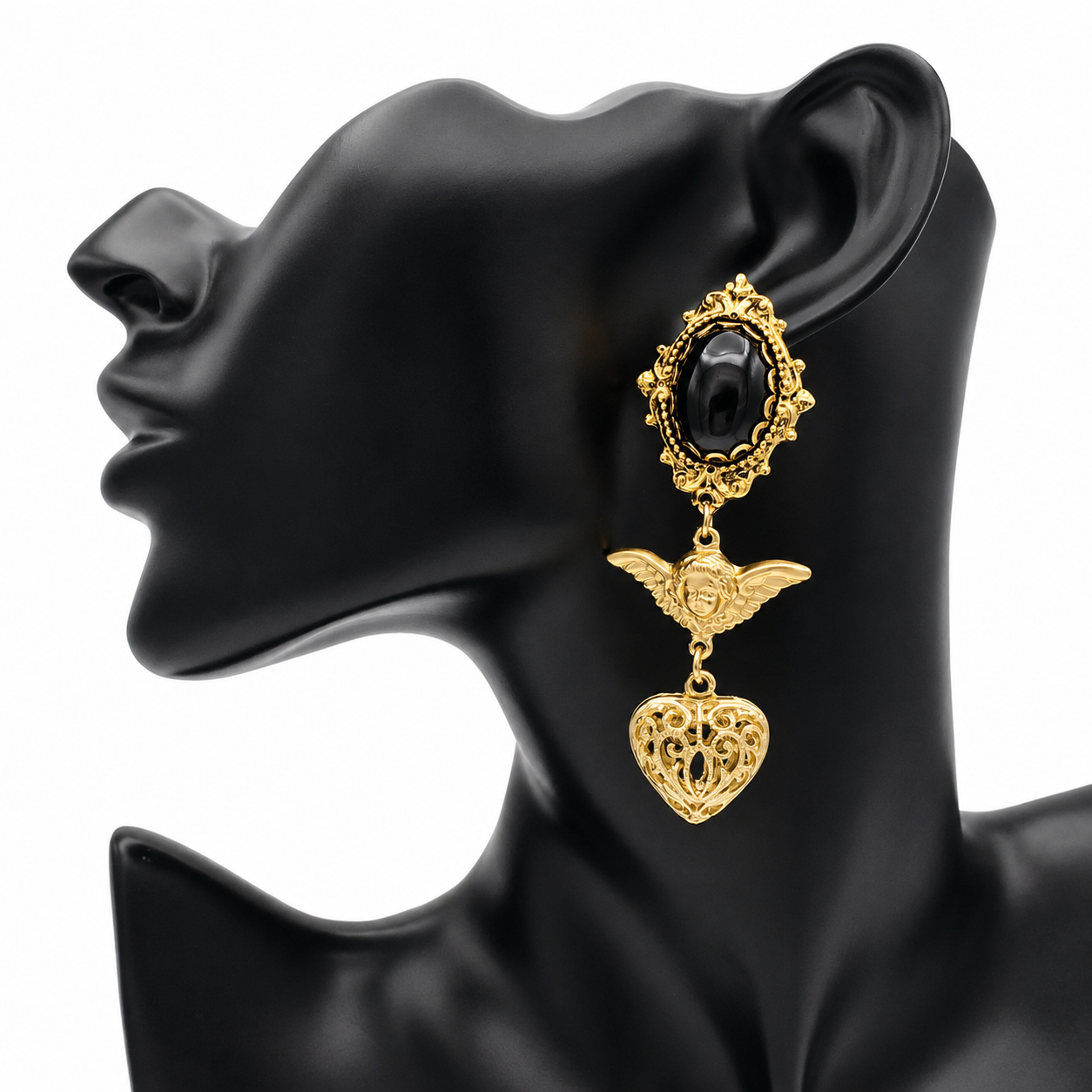 Gold Baroque Angel Heart Earrings with Black Agate