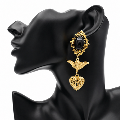 Gold Baroque Angel Heart Earrings with Black Agate